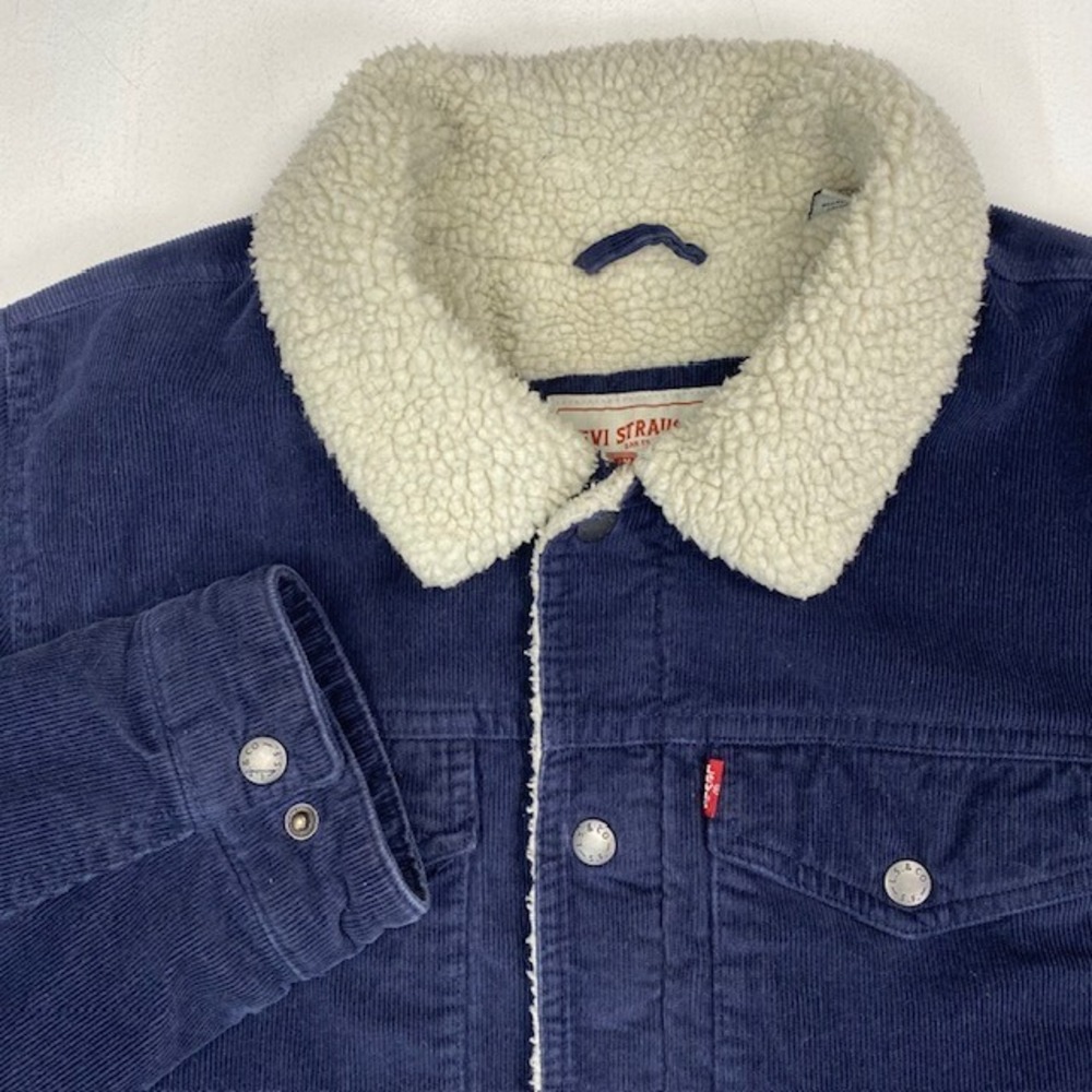 Levi Strauss Mens Navy Blue Corduroy Sherpa Lined Trucker Jacket Small S - Picture 1 of 12
